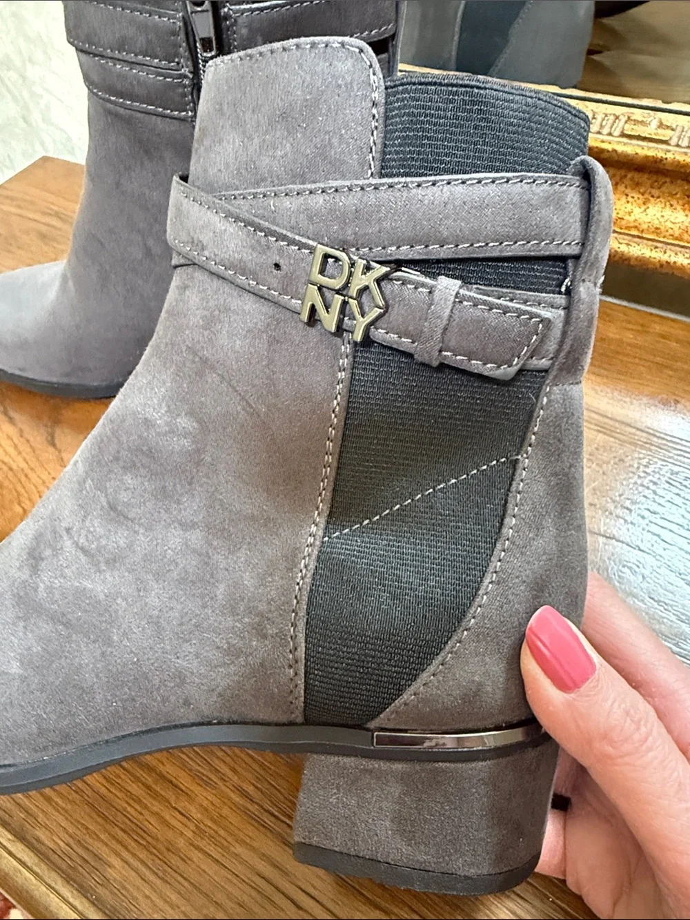DKNY Gray Suede Ankle Booties with Logo strap accents. Size 7.
